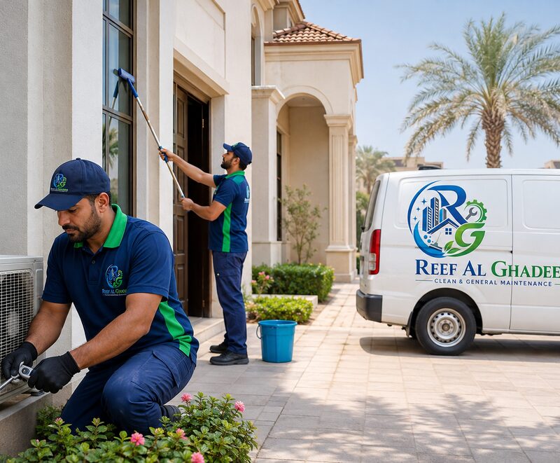 Reef Al Ghadeer technicians in uniform working at an Al Ain villa beside the branded company van