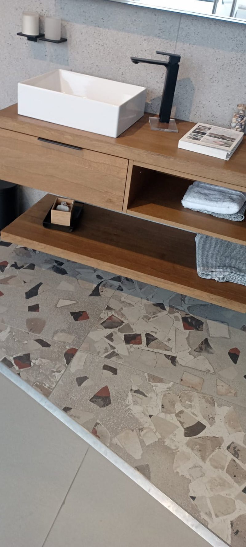 Terrazzo floor and timber vanity unit in a finished washroom — Reef Al Ghadeer, Al Ain