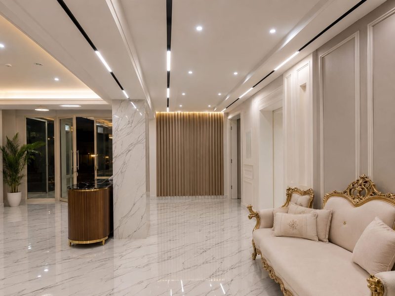 Villa reception with a polished marble floor and fluted timber panelling — Reef Al Ghadeer, Al Ain
